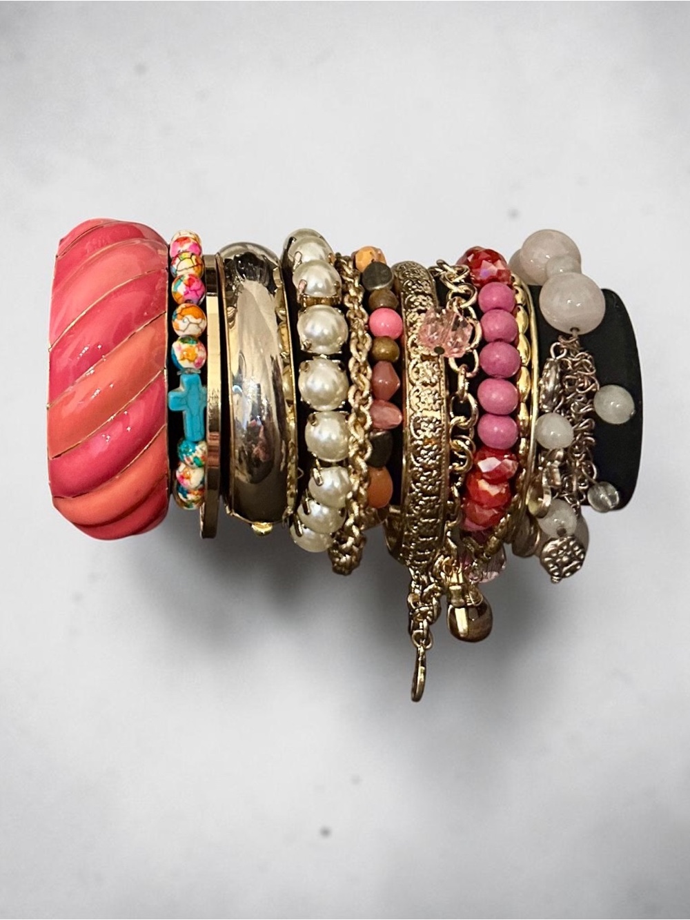 Mixed Pink & Gold Stacked Bracelet Set Boho Pearl Beaded Statement Lot